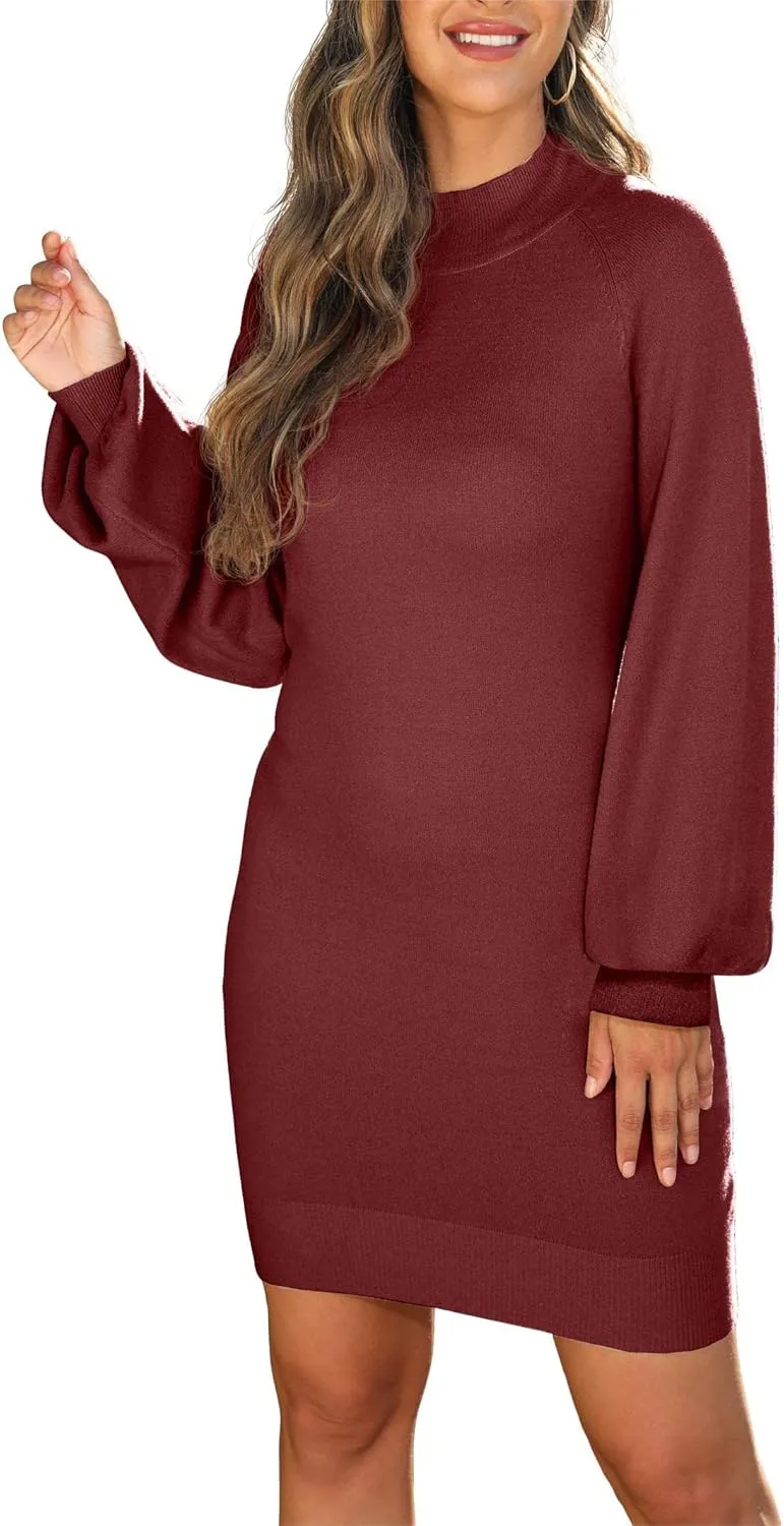 GRECERELLE Women's Mock Neck Ribbed Long Sleeve Bodycon Pullover Cute Mini Sweater Dress