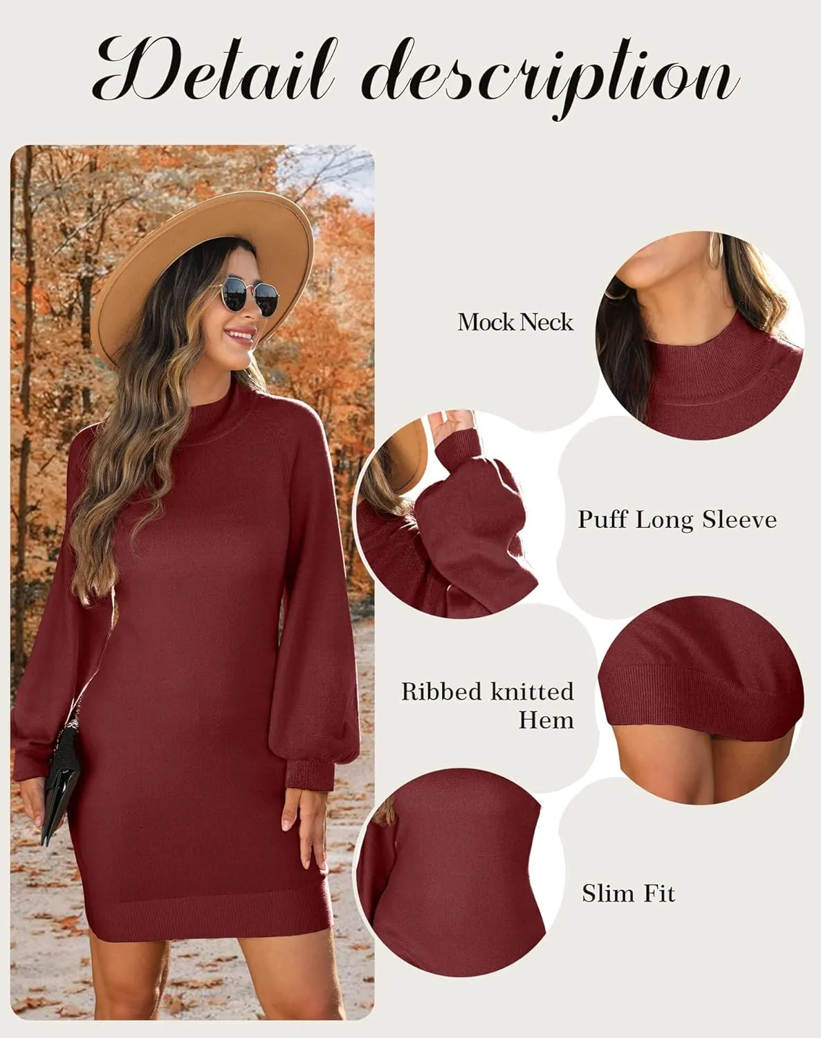 GRECERELLE Women's Mock Neck Ribbed Long Sleeve Bodycon Pullover Cute Mini Sweater Dress