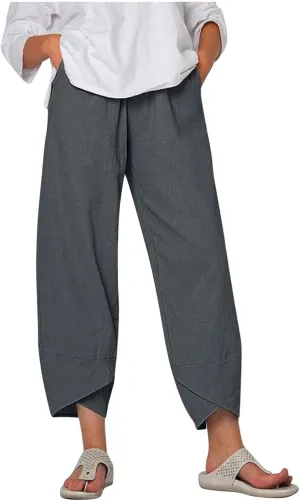 Guteidee Cotton Linen Casual Summer Capri Pants Printed Cropped Comfy Baggy Trousers with Pockets Palazzo Lounge Pants