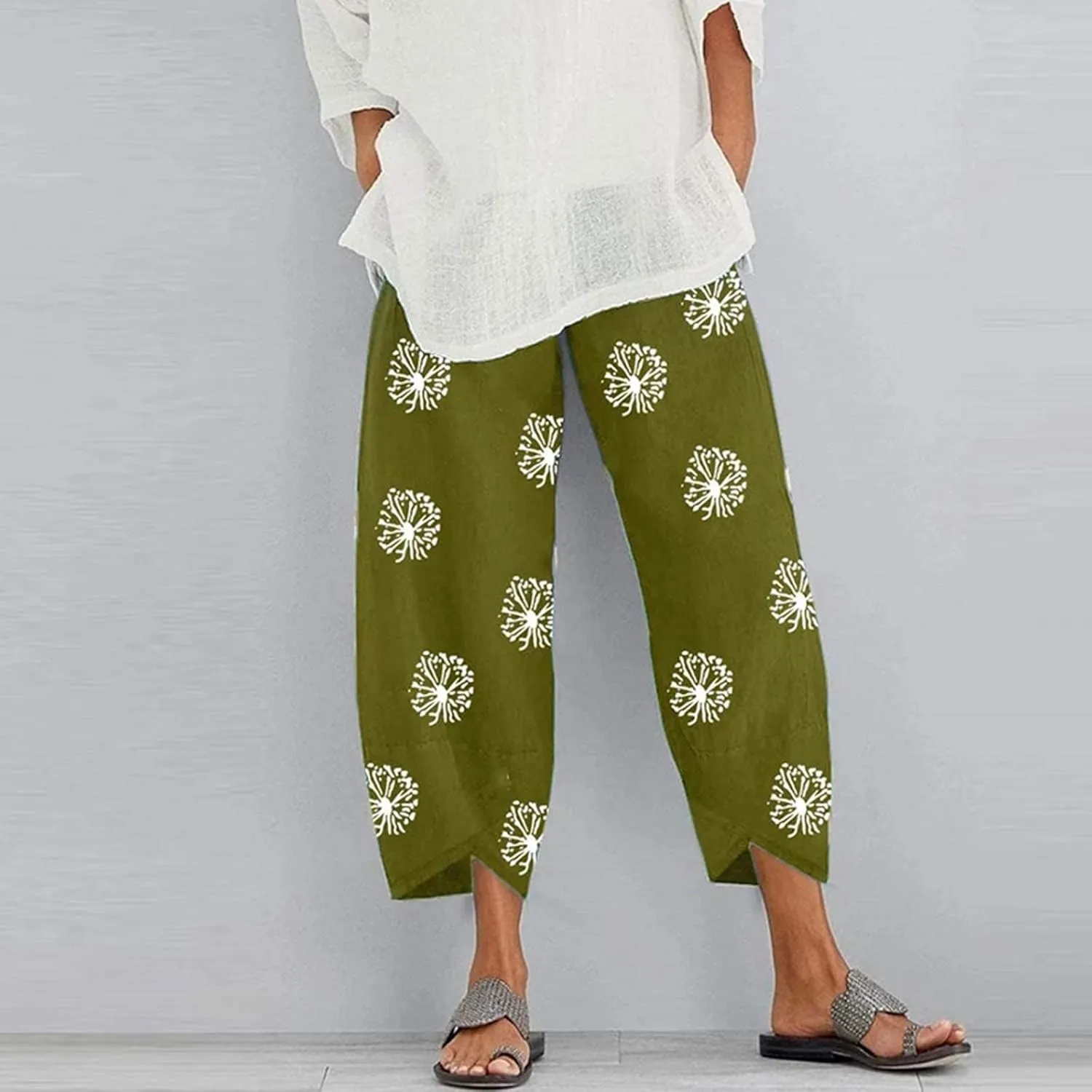 Guteidee Cotton Linen Casual Summer Capri Pants Printed Cropped Comfy Baggy Trousers with Pockets Palazzo Lounge Pants