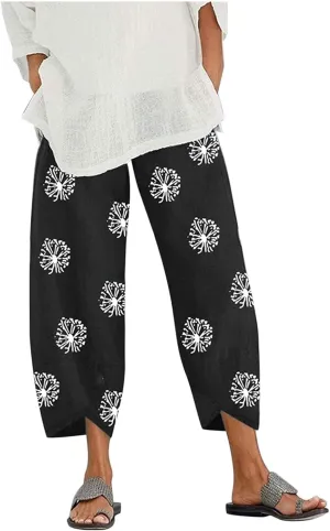 Guteidee Cotton Linen Casual Summer Capri Pants Printed Cropped Comfy Baggy Trousers with Pockets Palazzo Lounge Pants