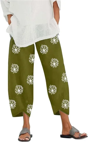 Guteidee Cotton Linen Casual Summer Capri Pants Printed Cropped Comfy Baggy Trousers with Pockets Palazzo Lounge Pants