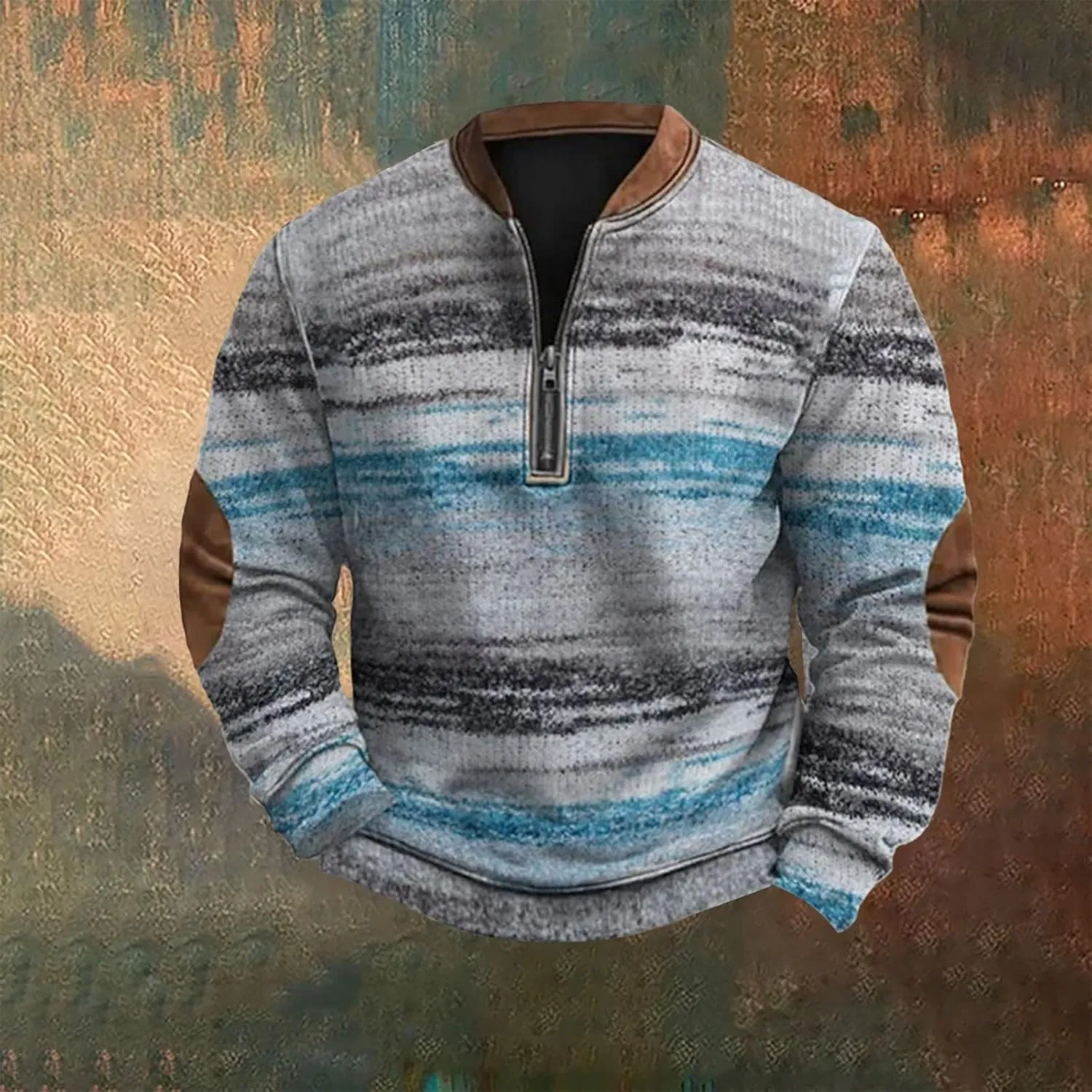 Half Zip Pullover Vintage Long Sleeve Sweatshirt Elbow Patch Sweatshirt Fashion Hoodless Western Top