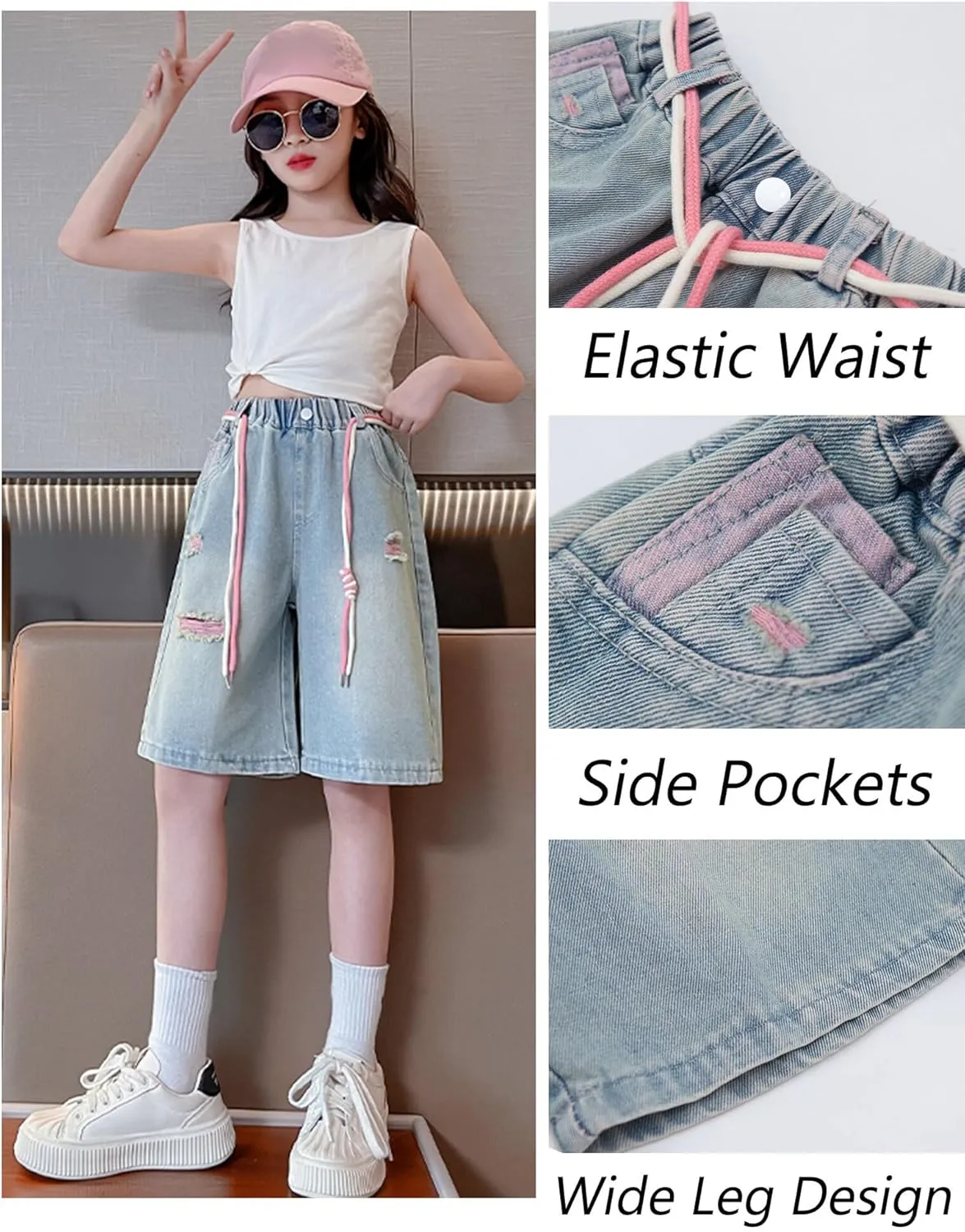 Happy Cherry Girls Denim Shorts A-Line Skirts Shorts Elastic High Waist Jean Skirt Shorts with Pockets 5-14 Years