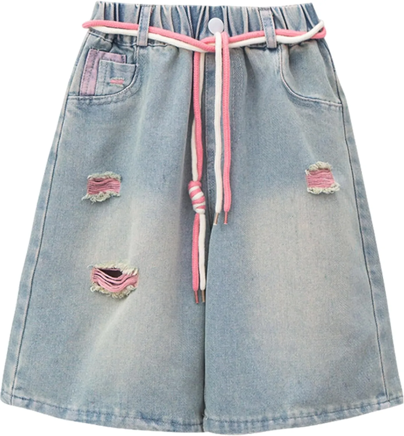 Happy Cherry Girls Denim Shorts A-Line Skirts Shorts Elastic High Waist Jean Skirt Shorts with Pockets 5-14 Years