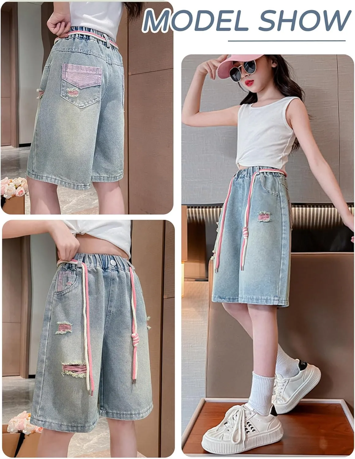 Happy Cherry Girls Denim Shorts A-Line Skirts Shorts Elastic High Waist Jean Skirt Shorts with Pockets 5-14 Years