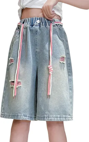 Happy Cherry Girls Denim Shorts A-Line Skirts Shorts Elastic High Waist Jean Skirt Shorts with Pockets 5-14 Years