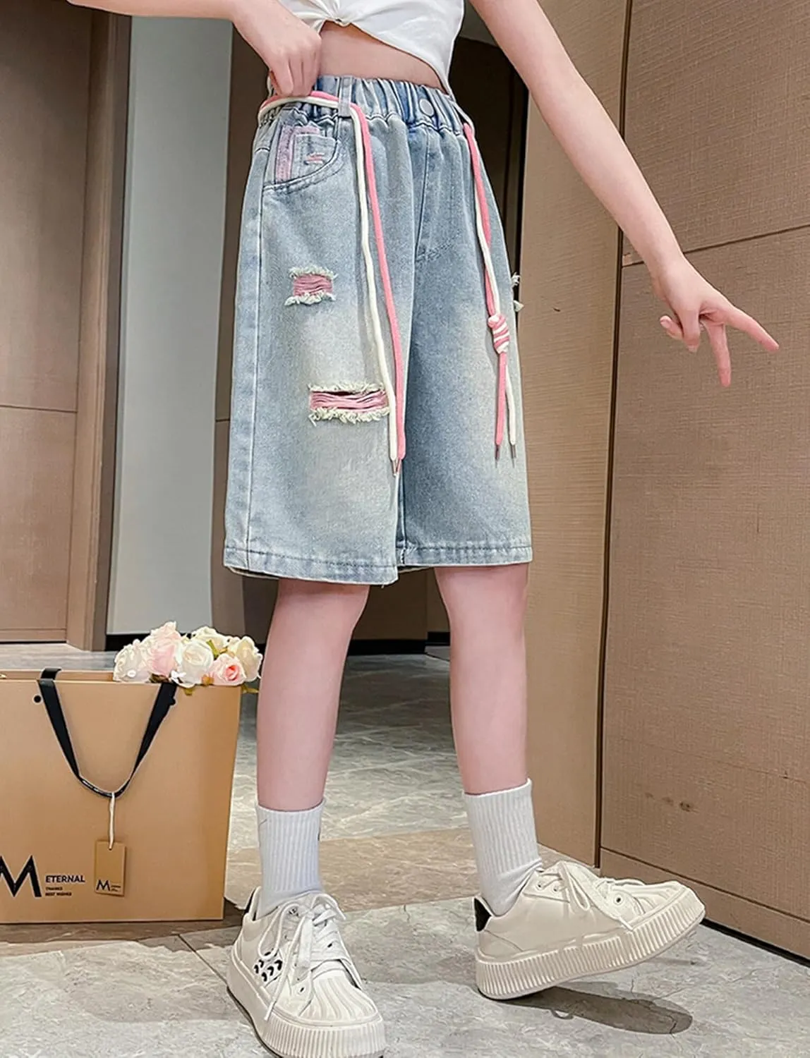 Happy Cherry Girls Denim Shorts A-Line Skirts Shorts Elastic High Waist Jean Skirt Shorts with Pockets 5-14 Years