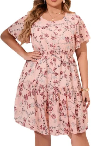 HBEYYTO Women's Plus Size Floral Print Boho Beach Dress Casual Ruffle Sleeve Elastic Waist Swing Chiffon Sundress