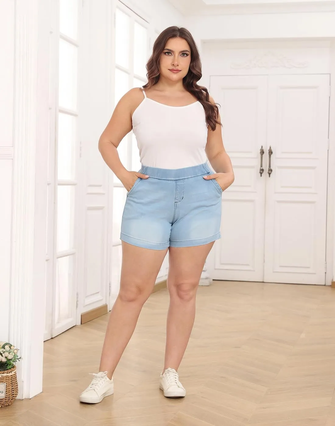 HDE Women's Plus Size Jean Shorts High Waisted Stretch Denim Pull On Shorts