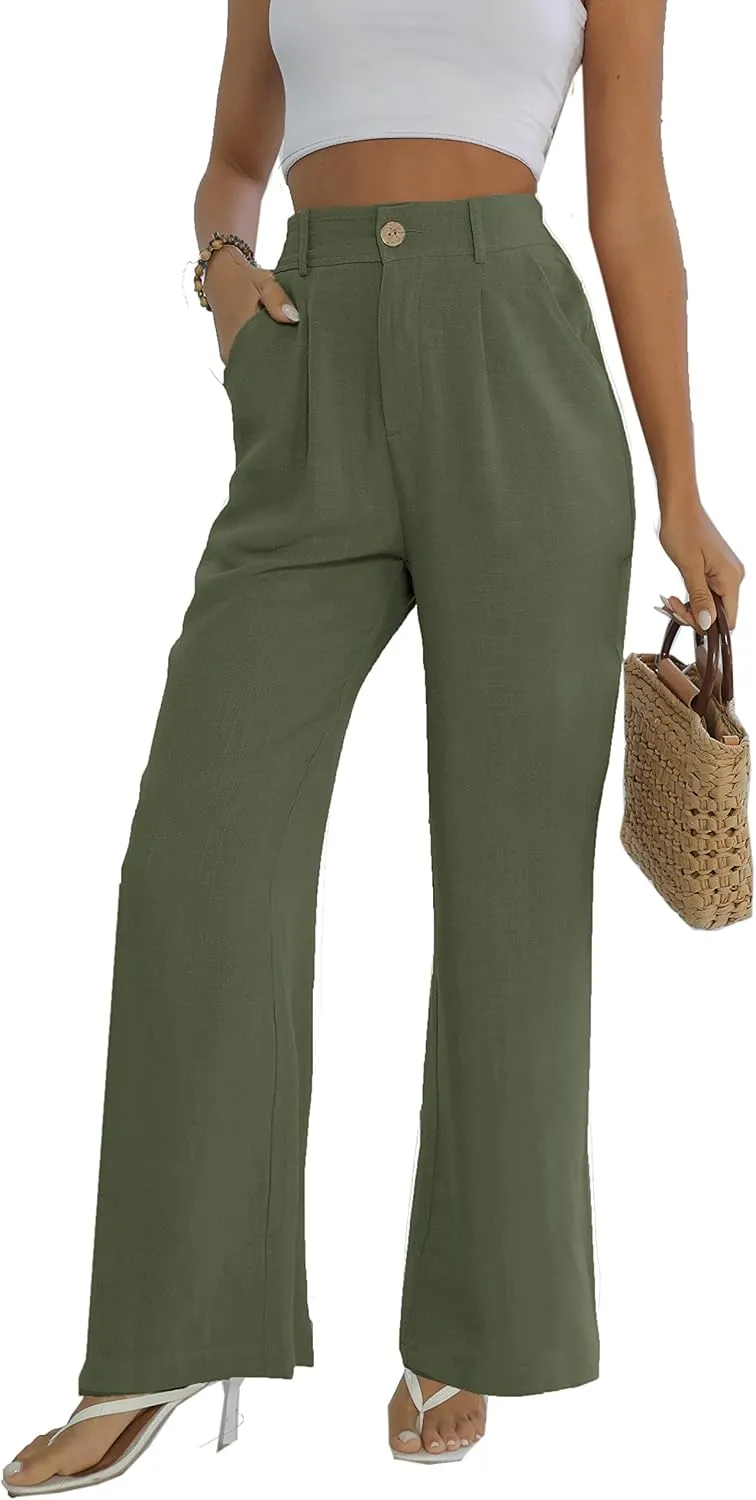heipeiwa Women's Linen Casual High Waist Wide Leg Straight Dress Cotton Linen Pants Button Trousers