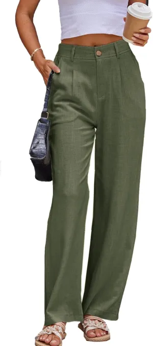 heipeiwa Women's Linen Casual High Waist Wide Leg Straight Dress Cotton Linen Pants Button Trousers