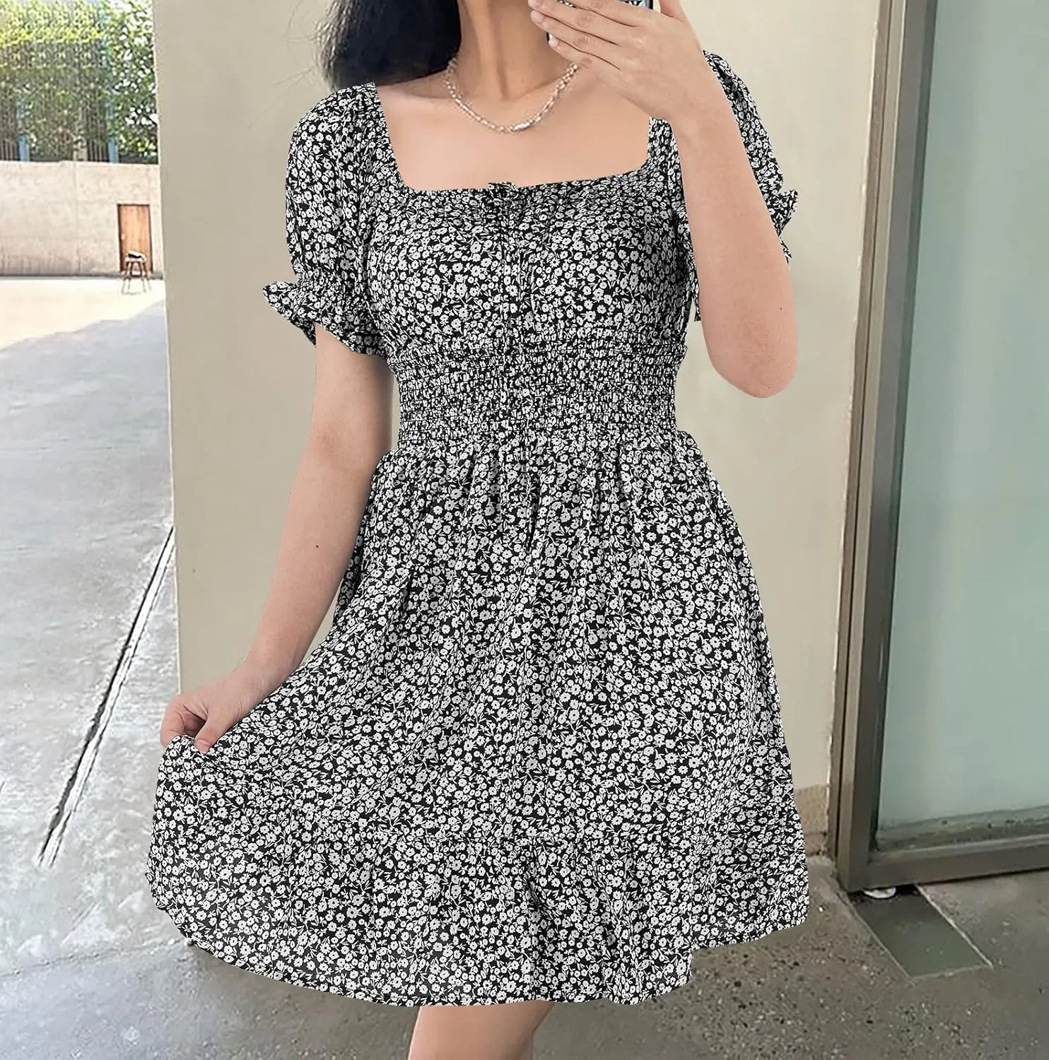Heysolo Womens Boho Floral Smocked Square Neck Short Sleeve Ruffle Beach Summer Mini Dress