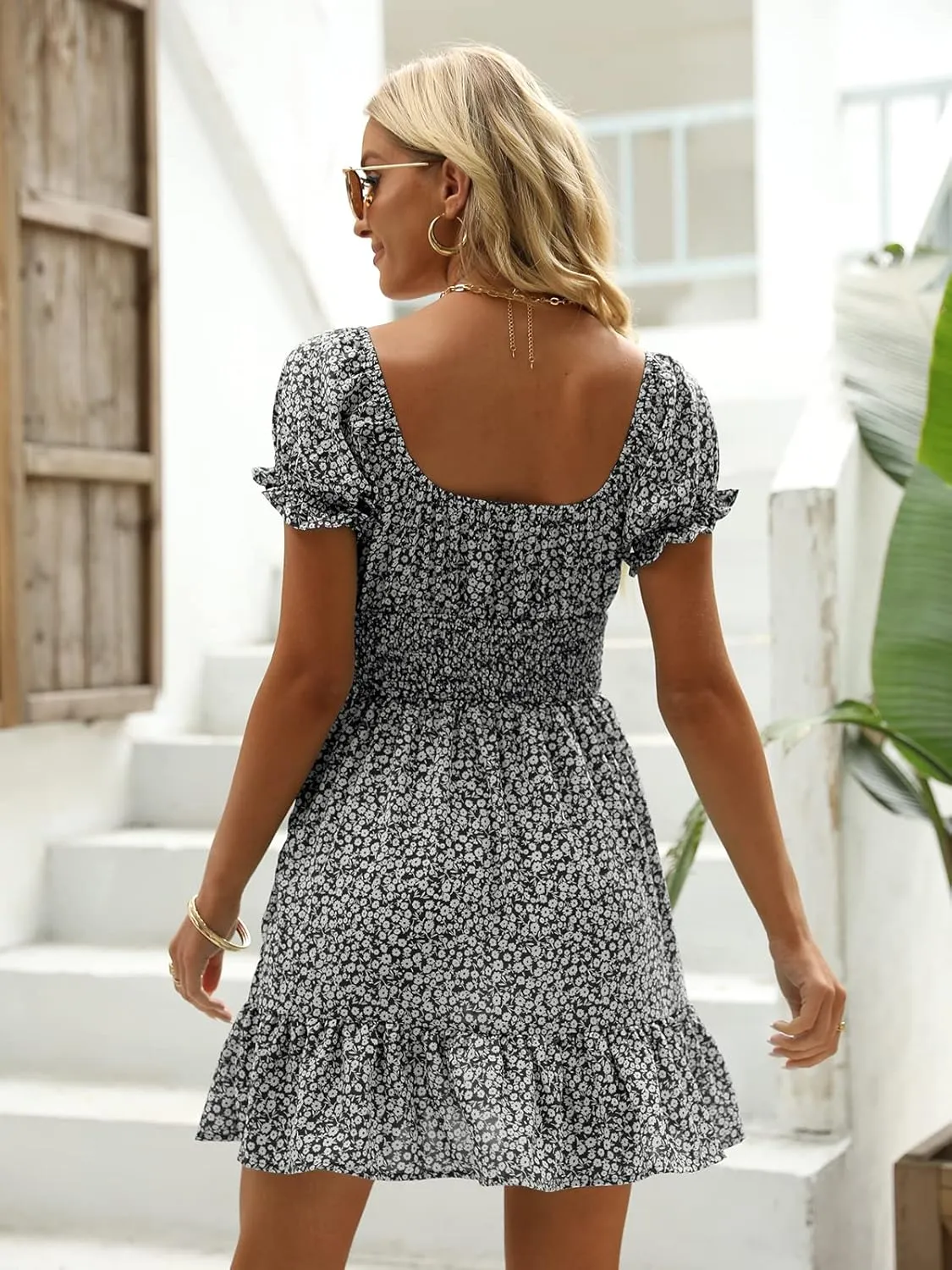Heysolo Womens Boho Floral Smocked Square Neck Short Sleeve Ruffle Beach Summer Mini Dress
