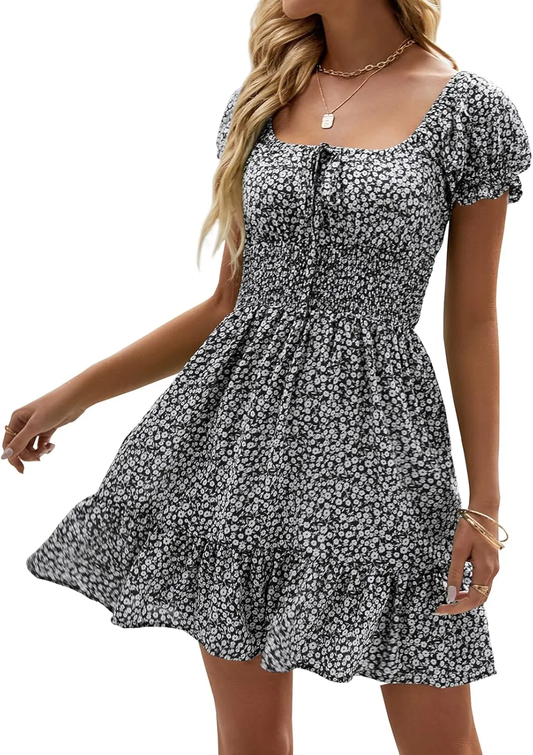 Heysolo Womens Boho Floral Smocked Square Neck Short Sleeve Ruffle Beach Summer Mini Dress