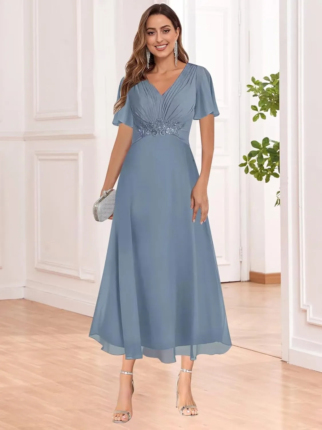 HHSIyz Mother of The Bride Dresses for Women Chiffon Ruffle Sleeve A Line Ankle V Neck Formal Evening Party Gown
