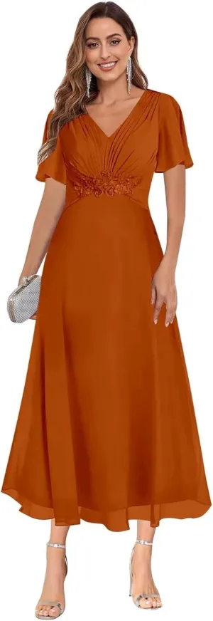 HHSIyz Mother of The Bride Dresses for Women Chiffon Ruffle Sleeve A Line Ankle V Neck Formal Evening Party Gown