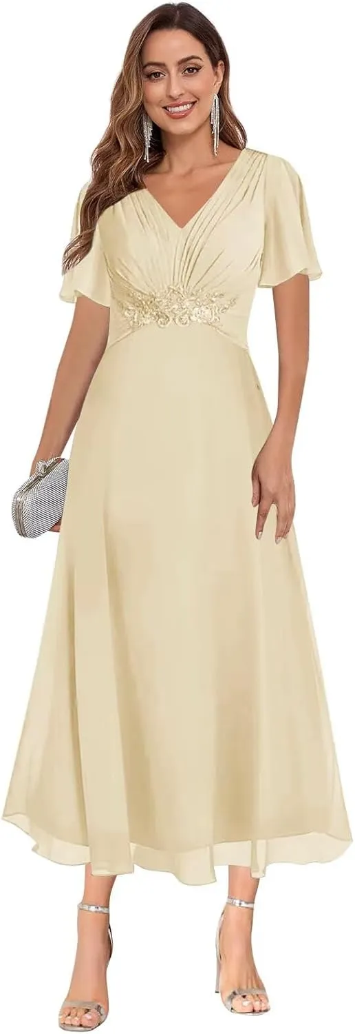 HHSIyz Mother of The Bride Dresses for Women Chiffon Ruffle Sleeve A Line Ankle V Neck Formal Evening Party Gown