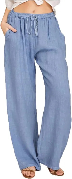 High Waisted Linen Pants Women Summer Drawstring Waist Wide Leg Loose Palazzo Pants Casual Beach Trousers with Pocket