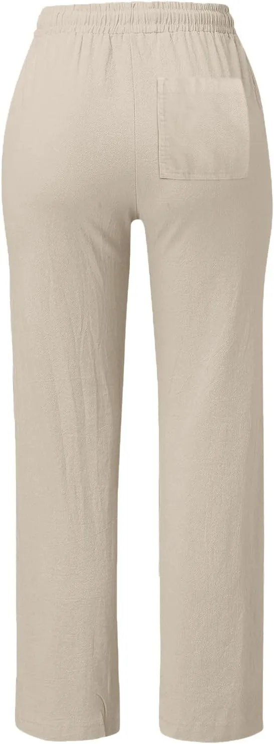 High Waisted Pants For Women Comfy Solid Color Cotton Linen Trousers Straight Leg Lounge Summer Boho Casual Pants