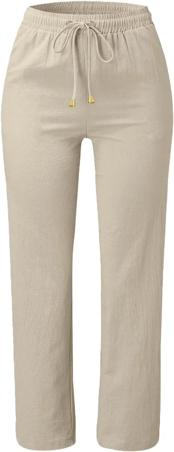High Waisted Pants For Women Comfy Solid Color Cotton Linen Trousers Straight Leg Lounge Summer Boho Casual Pants