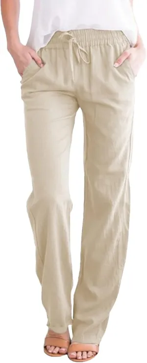 High Waisted Pants For Women Comfy Solid Color Cotton Linen Trousers Straight Leg Lounge Summer Boho Casual Pants