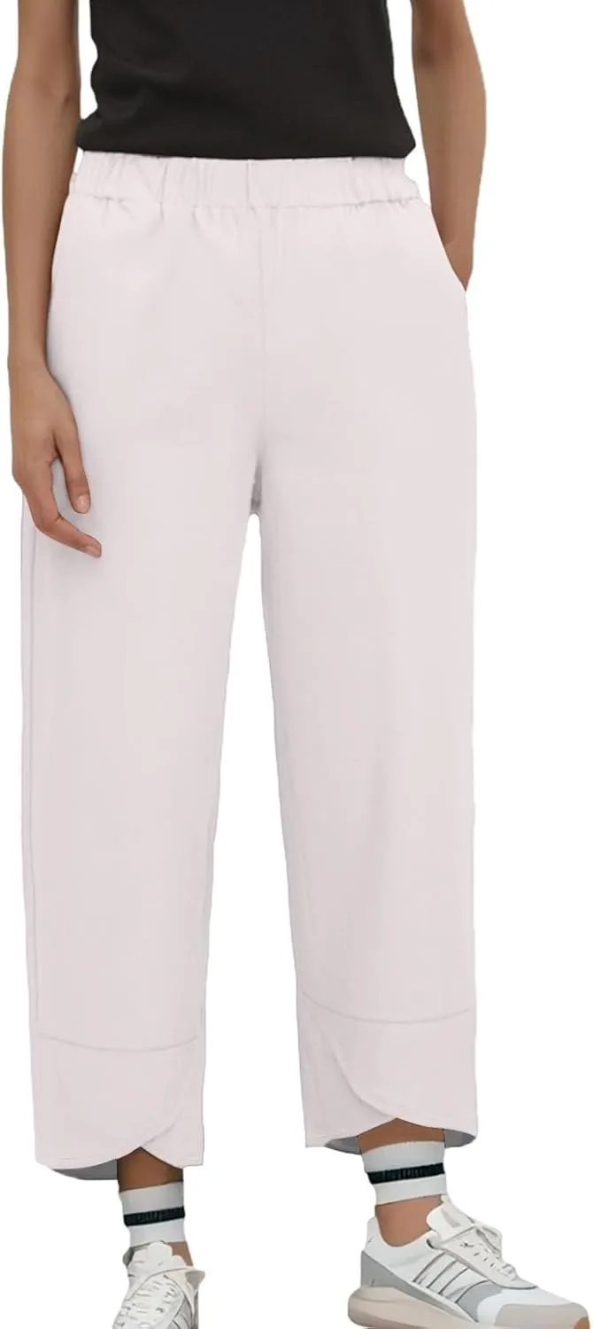 Hiking Pants Women 2025 Summer Cotton Linen Elastic Wiast Palazzo Trousers Stretch Loose Work Casual Pant with Pocket