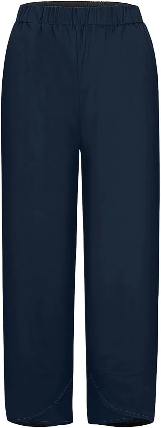 Hiking Pants Women 2025 Summer Cotton Linen Elastic Wiast Palazzo Trousers Stretch Loose Work Casual Pant with Pocket