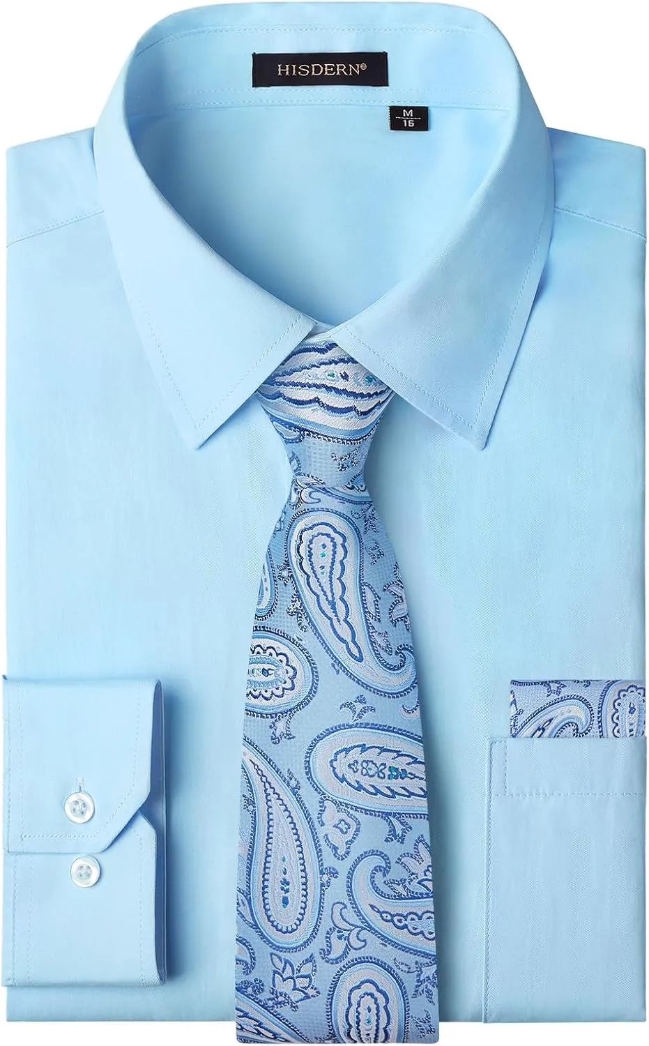 HISDERN Mens Dress Shirt with Tie Pocket Square Set Classic Button Down Shirt Matching Tie Long Sleeve Shirts