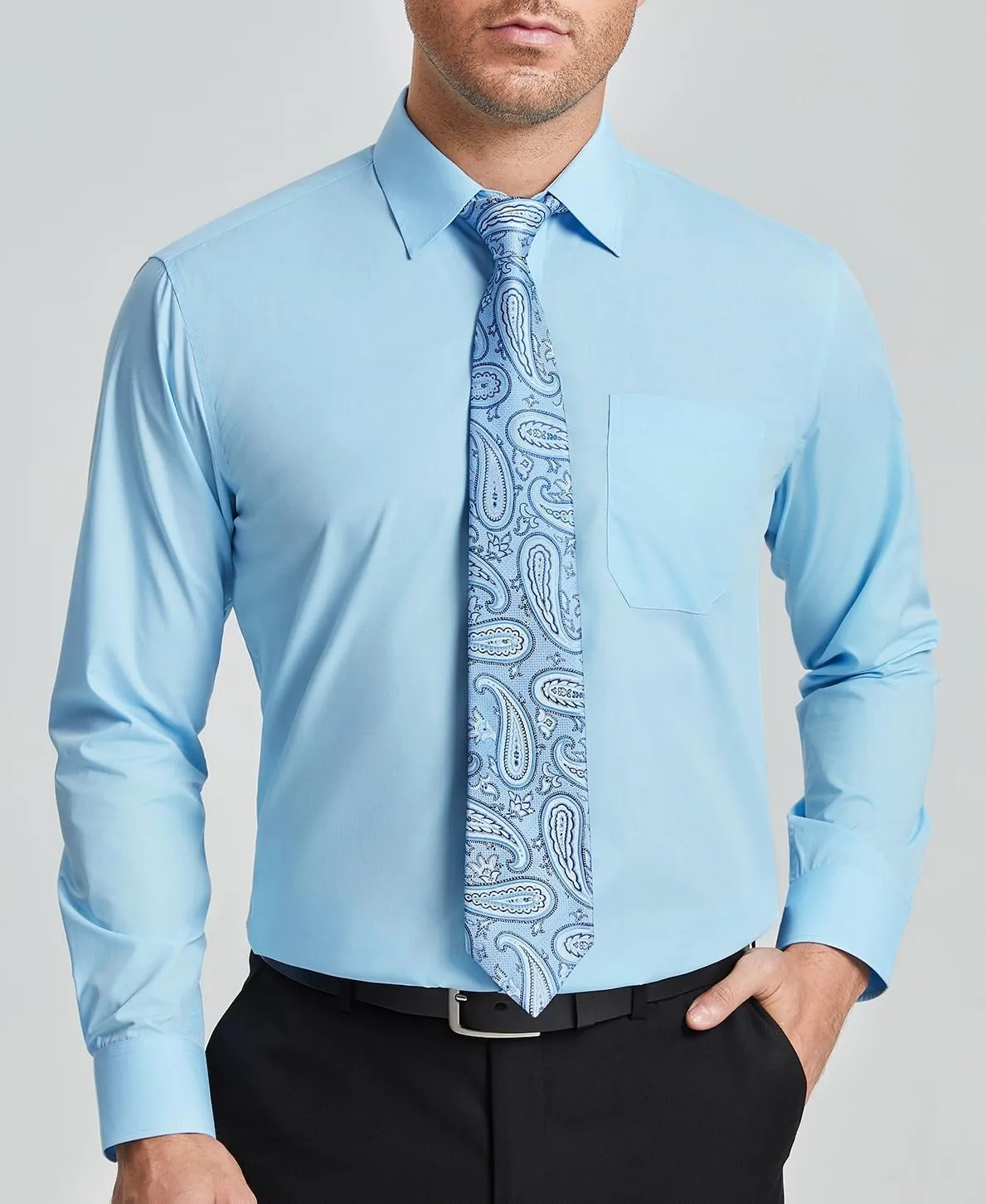 HISDERN Mens Dress Shirt with Tie Pocket Square Set Classic Button Down Shirt Matching Tie Long Sleeve Shirts