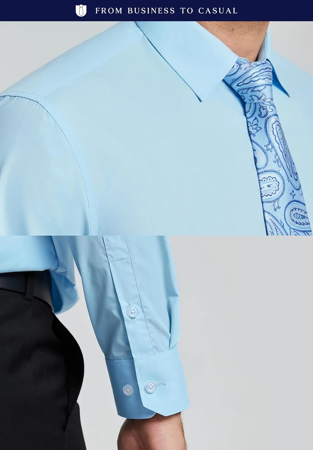 HISDERN Mens Dress Shirt with Tie Pocket Square Set Classic Button Down Shirt Matching Tie Long Sleeve Shirts
