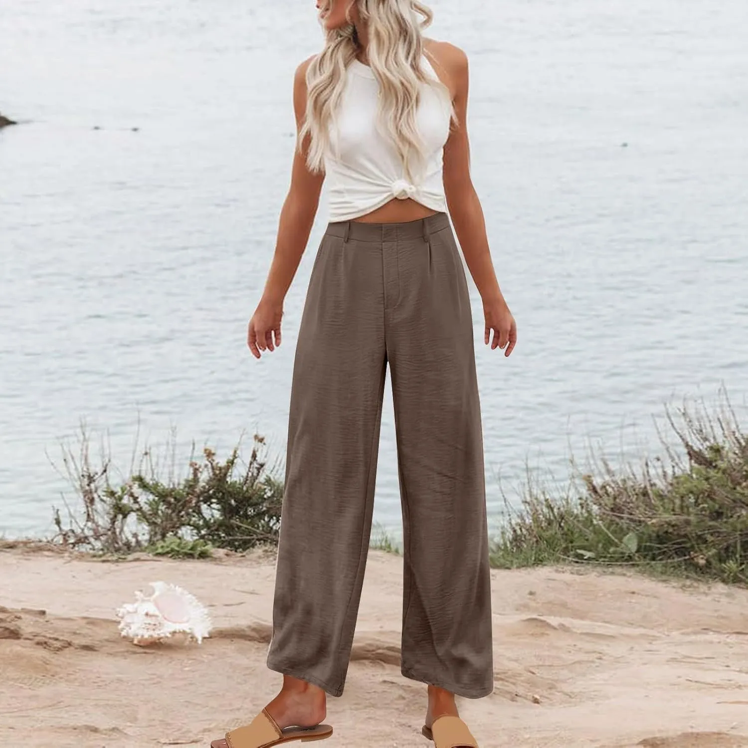 hlysgo Women's Palazzo Pants 2025 Summer Casual Vacation High Waist Wide Leg Beach Trousers Trendy Lounge Pants with Pockets