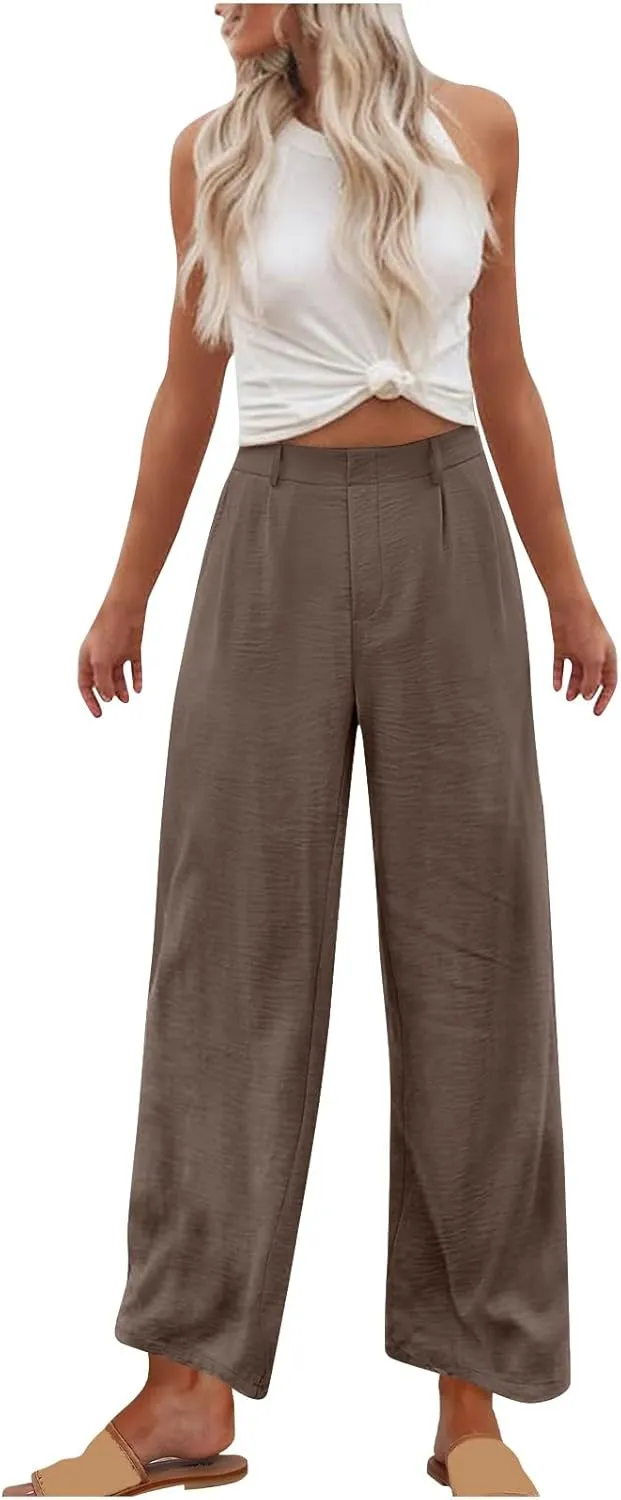 hlysgo Women's Palazzo Pants 2025 Summer Casual Vacation High Waist Wide Leg Beach Trousers Trendy Lounge Pants with Pockets