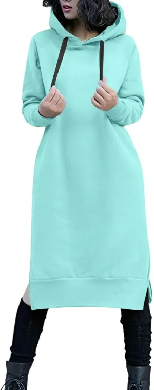 Hoodie Dress for Women Long Sleeve Warmy Oversized Hooded Dress Fleece Solid Color Long Sweatshirt with Pocket