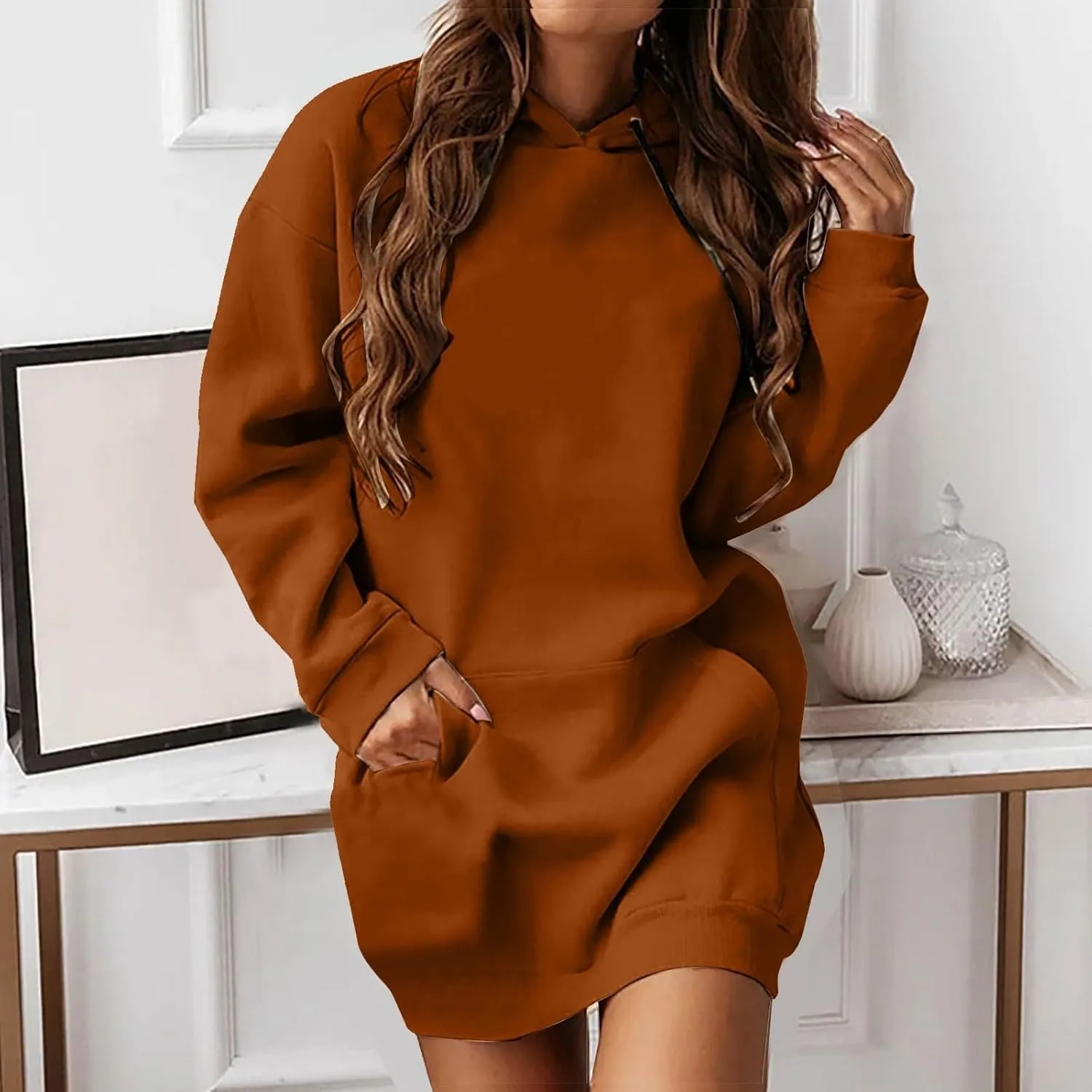 Hoodie Dress for Women Oversized Hooded Pullover Long Sleeve Sweatshirts Casual Fall Winter Hoodies Dress with Pocket