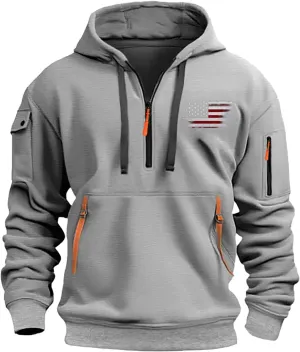 Hoodies for Men Quarter-Zip Pullover Tactical Sweatshirt USA Flag Print Vintage Casual Fashion Hoodie With Pockets