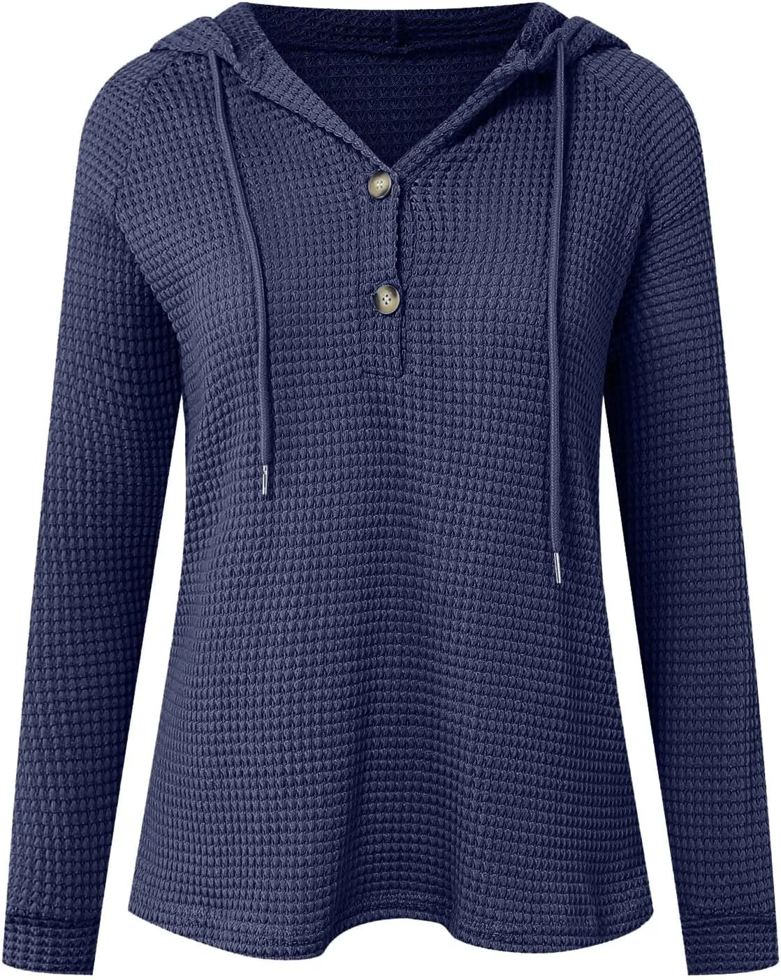 Hoodies for Women Waffle Knit Tops Drawstring Hoodie Casual Button V Neck Long Sleeve Hooded Pullover Sweatshirt