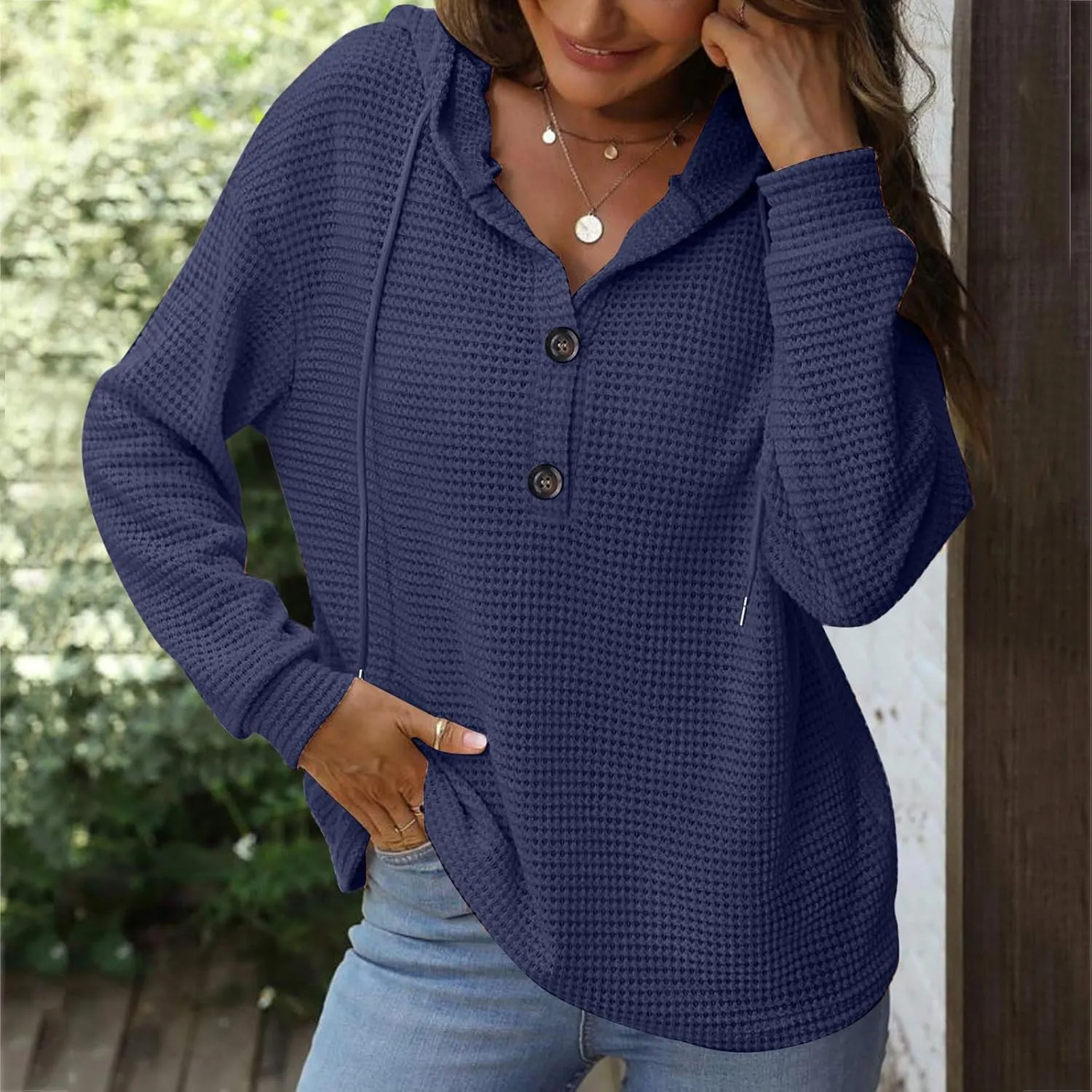 Hoodies for Women Waffle Knit Tops Drawstring Hoodie Casual Button V Neck Long Sleeve Hooded Pullover Sweatshirt