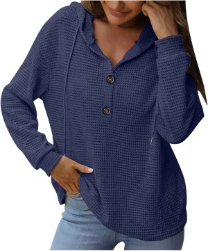 Hoodies for Women Waffle Knit Tops Drawstring Hoodie Casual Button V Neck Long Sleeve Hooded Pullover Sweatshirt