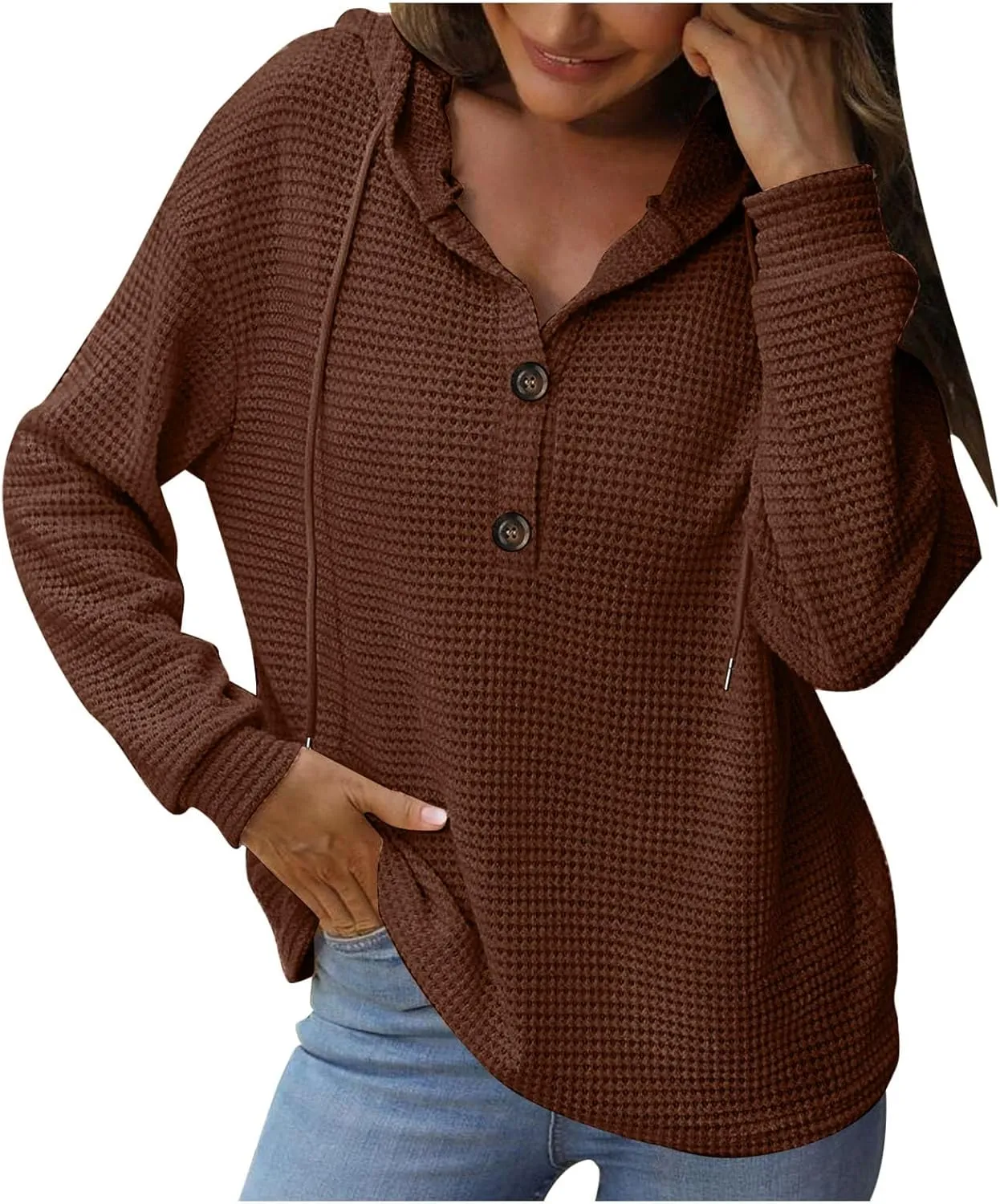 Hoodies for Women Waffle Knit Tops Drawstring Hoodie Casual Button V Neck Long Sleeve Hooded Pullover Sweatshirt