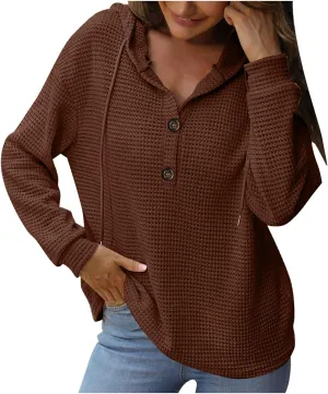 Hoodies for Women Waffle Knit Tops Drawstring Hoodie Casual Button V Neck Long Sleeve Hooded Pullover Sweatshirt