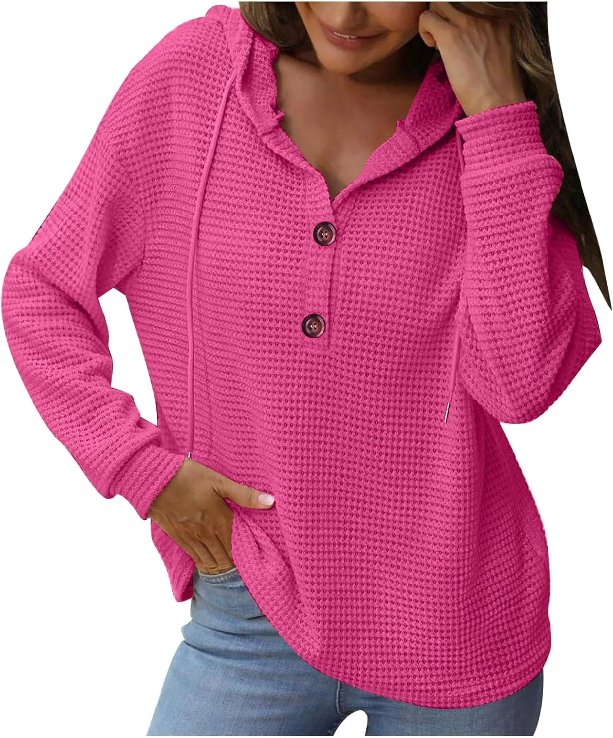 Hoodies for Women Waffle Knit Tops Drawstring Hoodie Casual Button V Neck Long Sleeve Hooded Pullover Sweatshirt