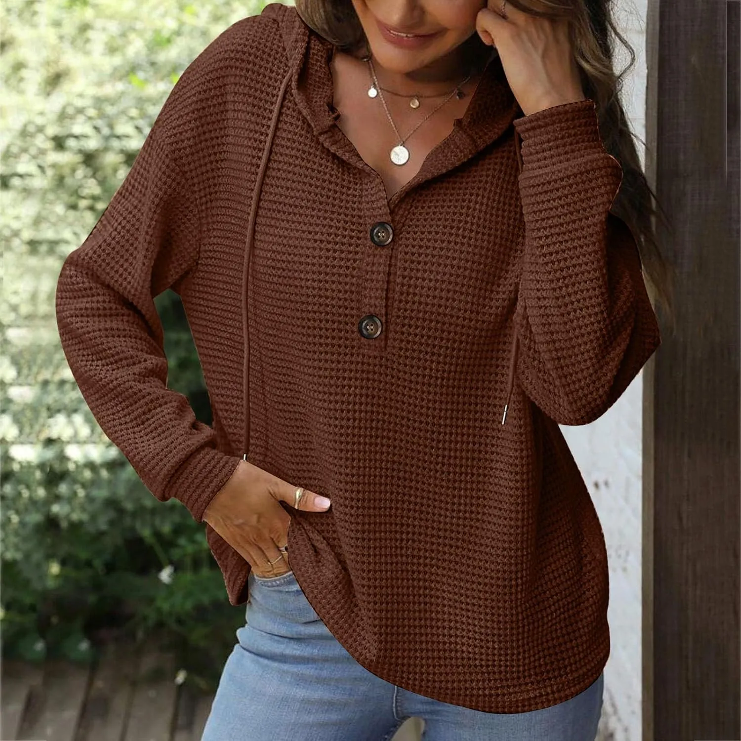 Hoodies for Women Waffle Knit Tops Drawstring Hoodie Casual Button V Neck Long Sleeve Hooded Pullover Sweatshirt
