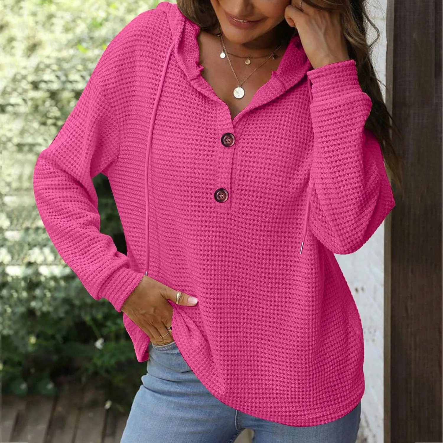 Hoodies for Women Waffle Knit Tops Drawstring Hoodie Casual Button V Neck Long Sleeve Hooded Pullover Sweatshirt