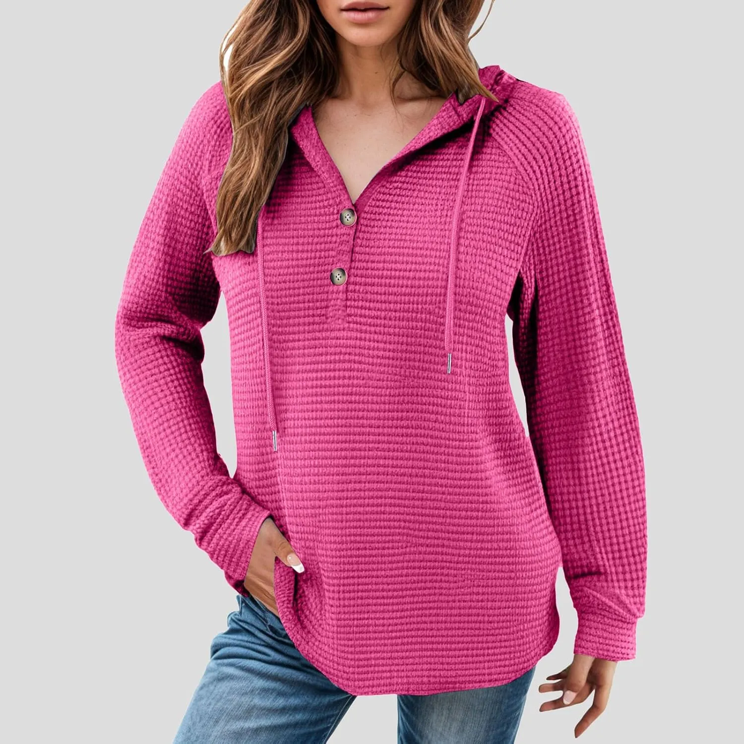 Hoodies for Women Waffle Knit Tops Drawstring Hoodie Casual Button V Neck Long Sleeve Hooded Pullover Sweatshirt