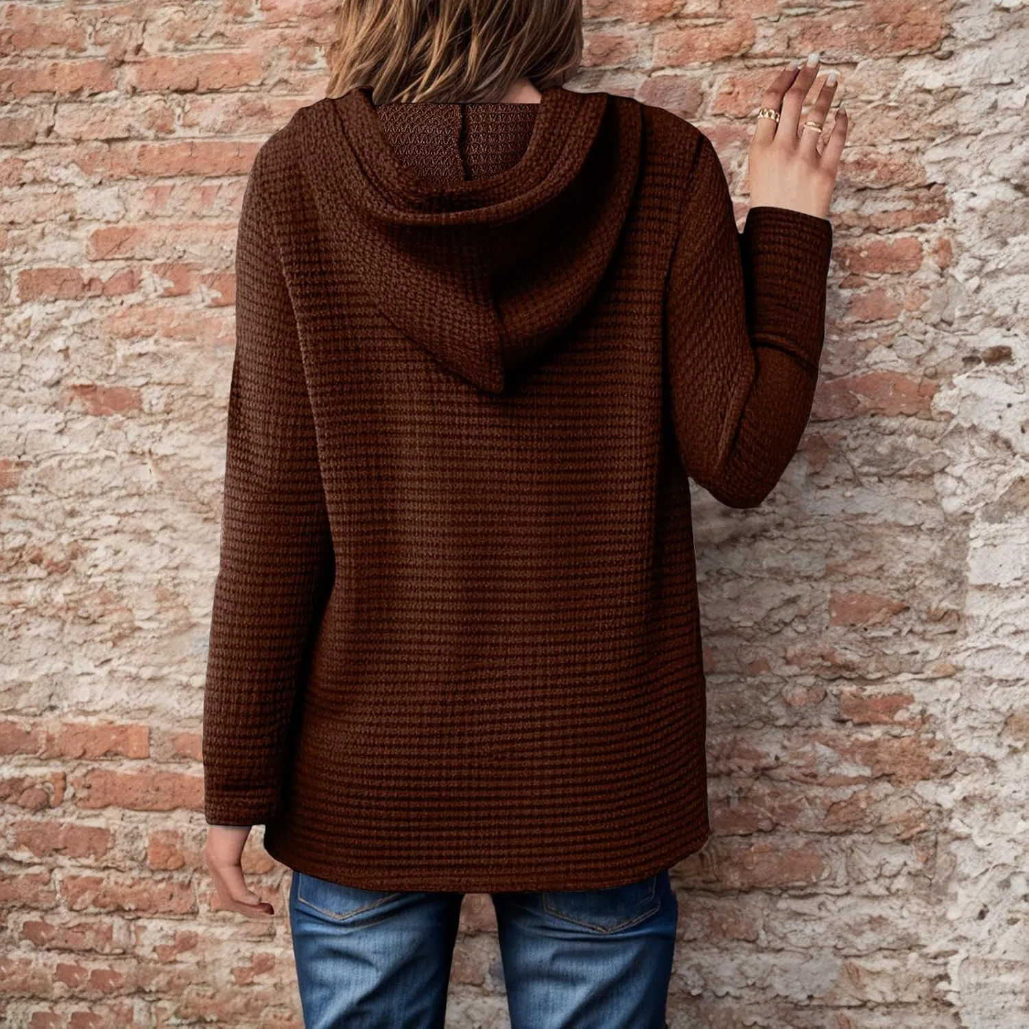 Hoodies for Women Waffle Knit Tops Drawstring Hoodie Casual Button V Neck Long Sleeve Hooded Pullover Sweatshirt