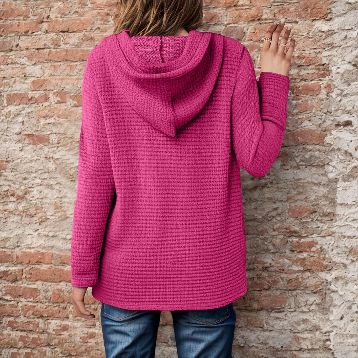 Hoodies for Women Waffle Knit Tops Drawstring Hoodie Casual Button V Neck Long Sleeve Hooded Pullover Sweatshirt