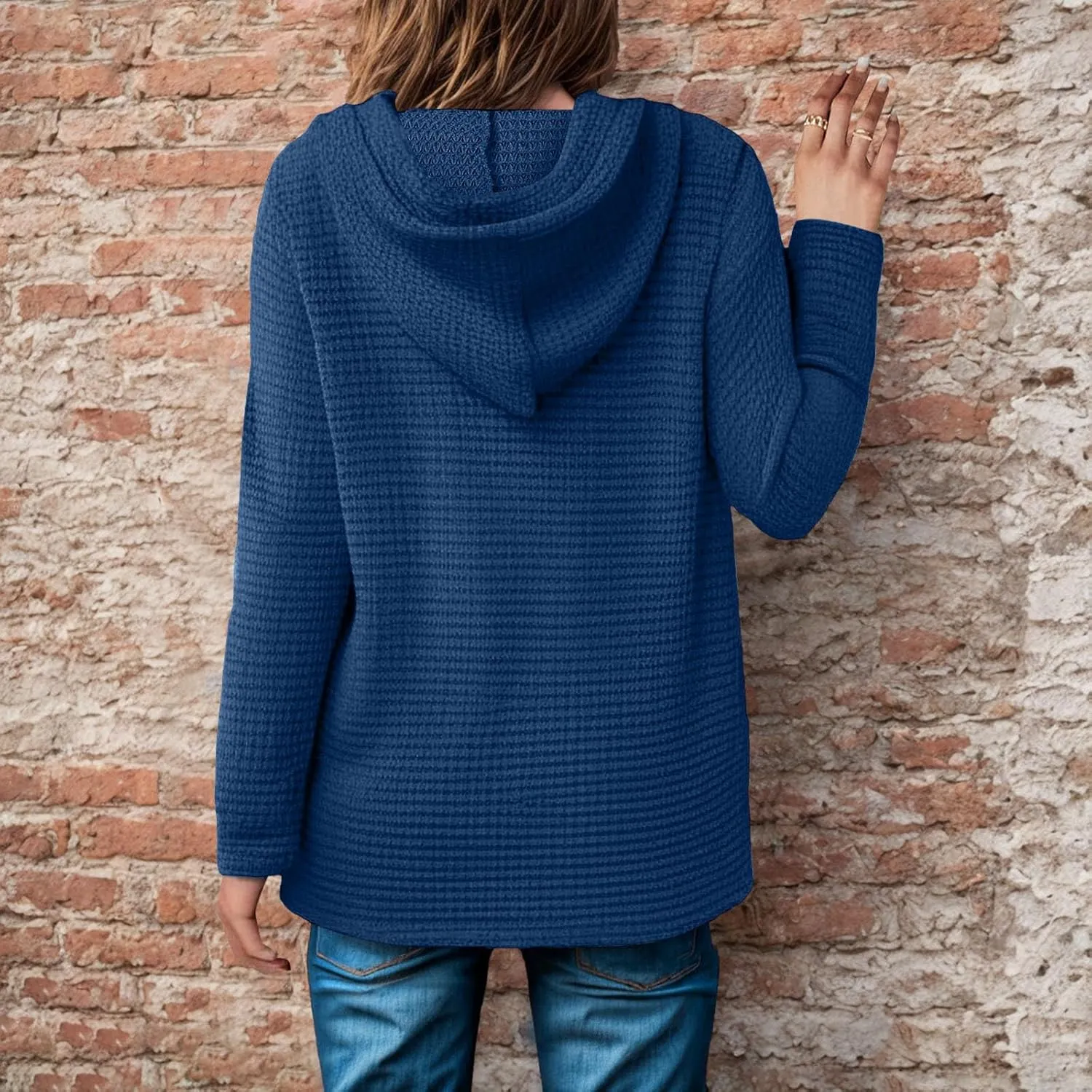 Hoodies for Women Waffle Knit Tops Drawstring Hoodie Casual Button V Neck Long Sleeve Hooded Pullover Sweatshirt
