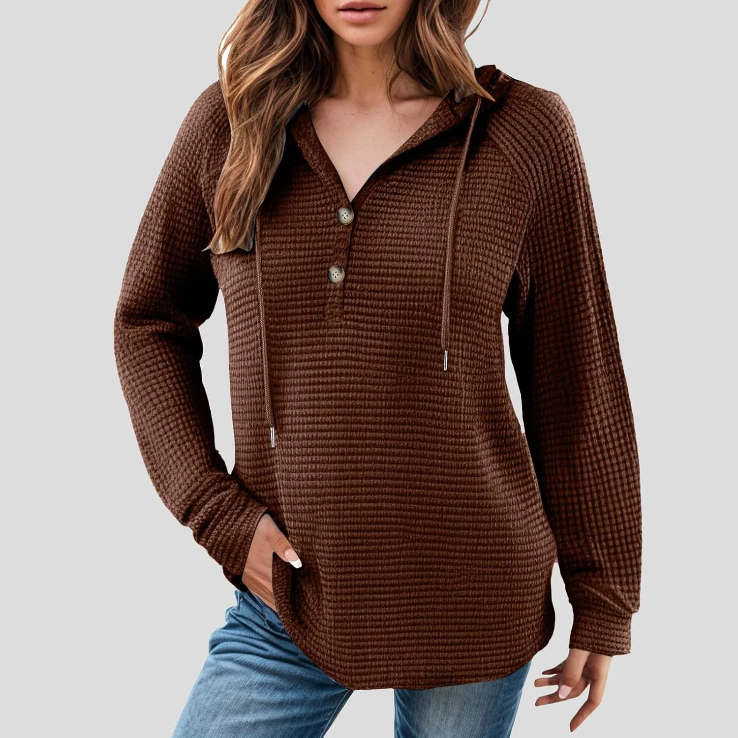 Hoodies for Women Waffle Knit Tops Drawstring Hoodie Casual Button V Neck Long Sleeve Hooded Pullover Sweatshirt