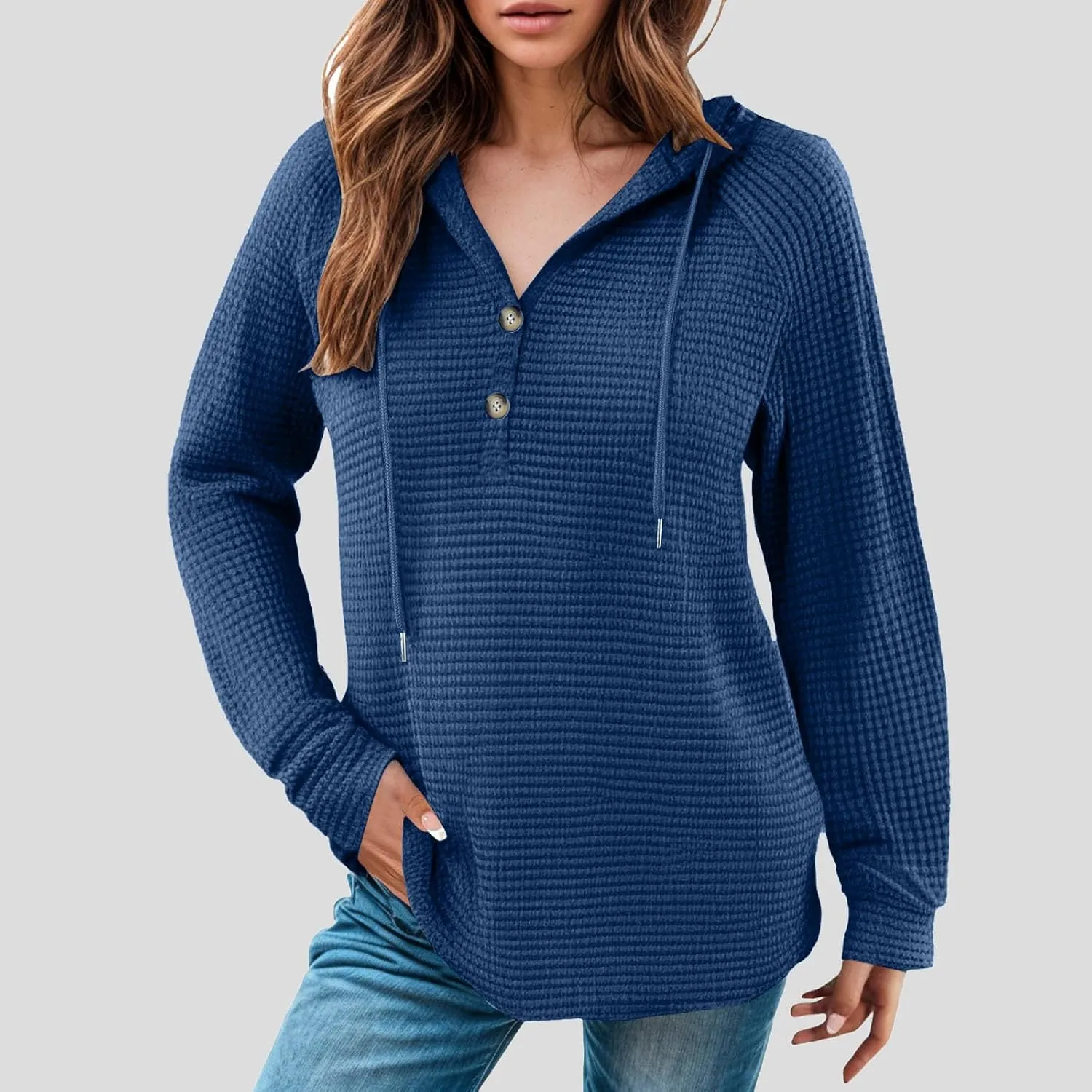 Hoodies for Women Waffle Knit Tops Drawstring Hoodie Casual Button V Neck Long Sleeve Hooded Pullover Sweatshirt